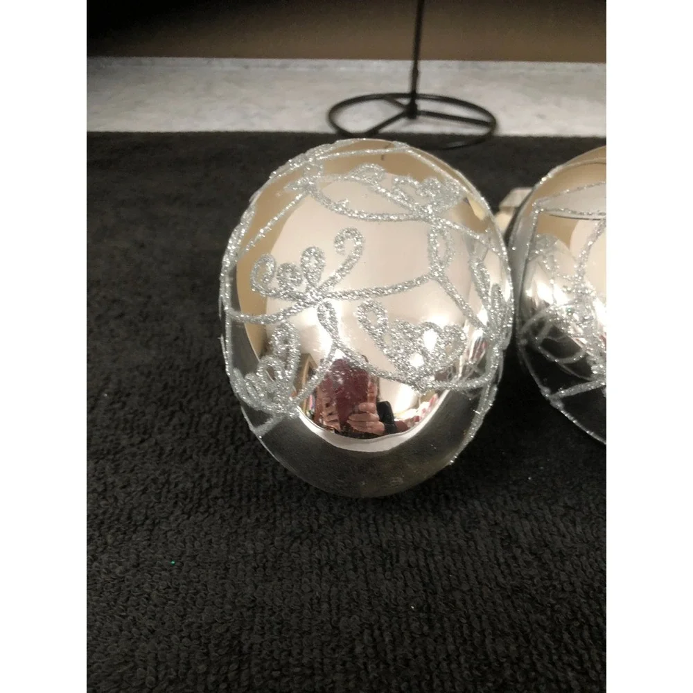 2 ~Vtg Mercury Glass Christmas Ornament Silver Glitter 